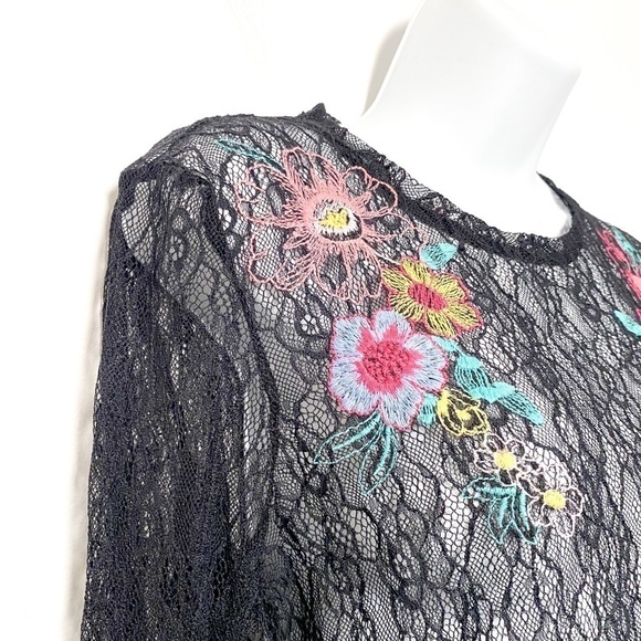 Y2K Mesh Black Long Floral Goth Sleeve Top - Picture 2 of 7